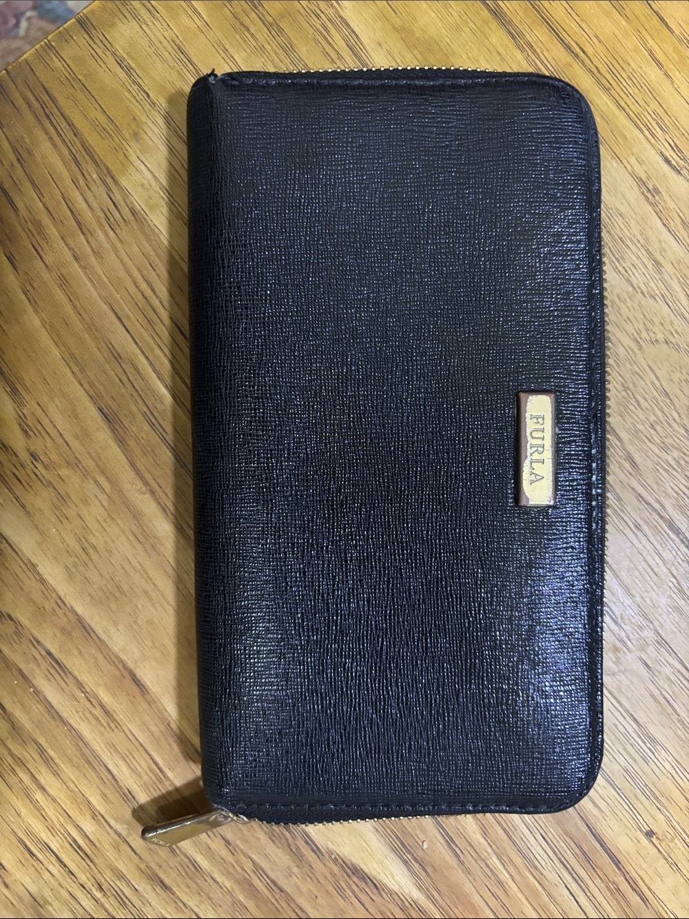 Furla Black Textured Zip Wallet with Gold Logo